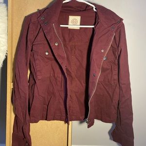 women’s long sleeve burgundy “jean” jacket, size medium